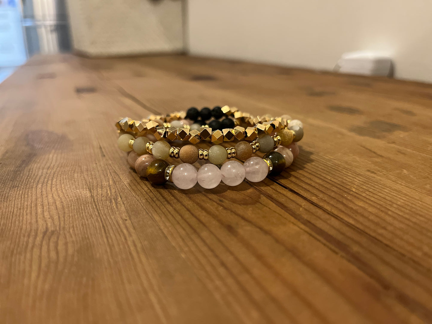 Pink Stone & Gold Beaded Stretch Bracelet